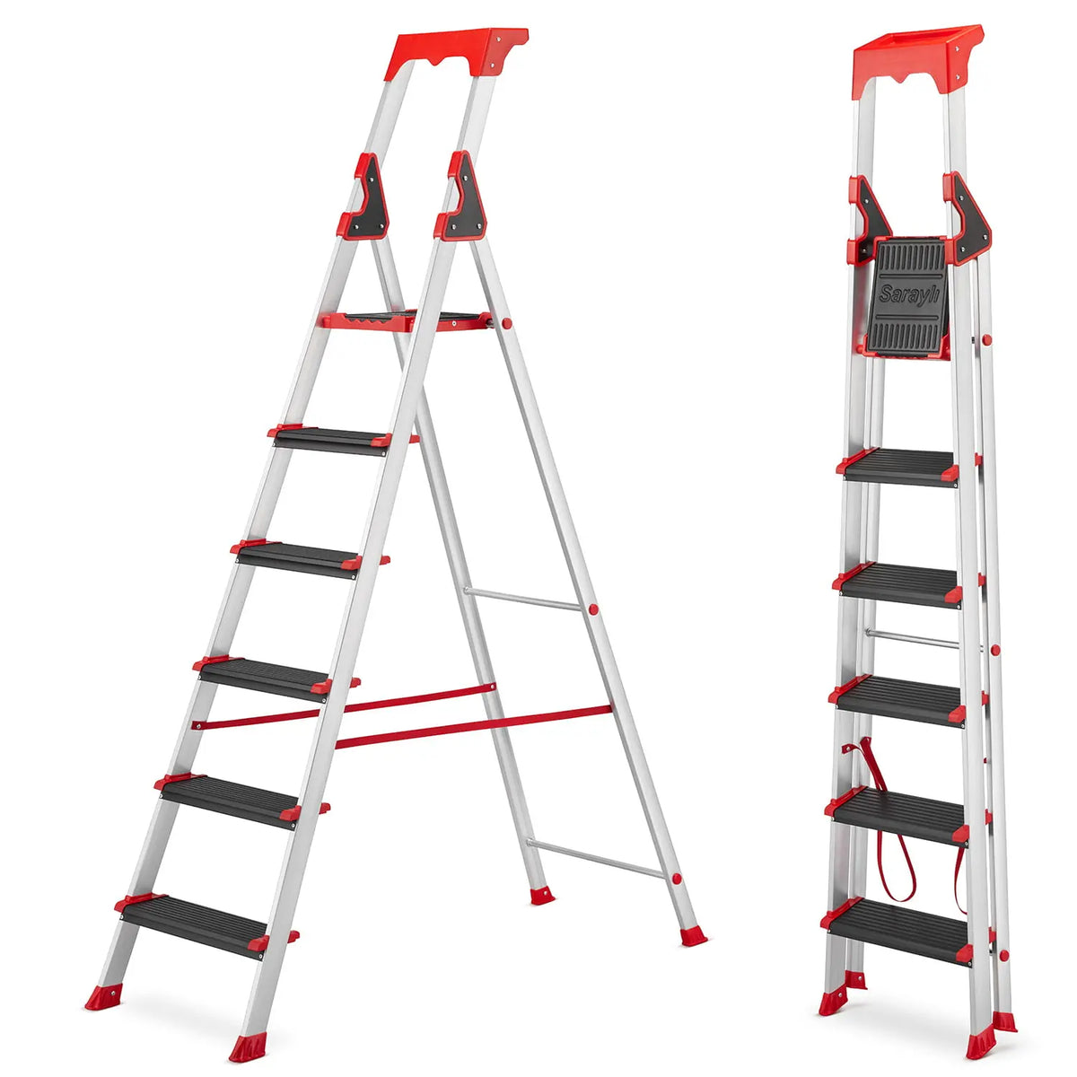 סולם שירות פרמיום מאלומיניום 5+1 שלבים עם משטח - שלבים גבוהים ומדרגות רחבות