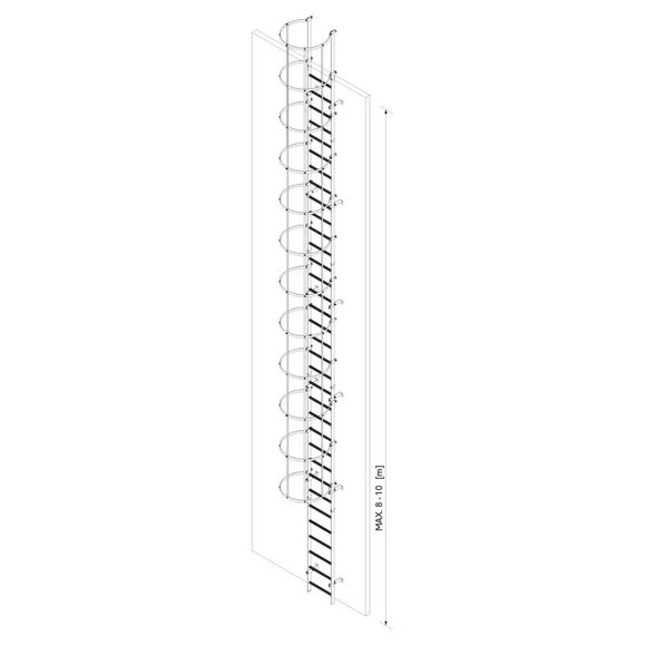 סולם אלומיניום 8-10 מ' עם כלוב הגנה לעליות גג ויציאות חירום