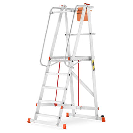 סולם תחזוקה מתקפל מאלומיניום – 4+1 שלבים, גובה משטח דריכה 1.25 מ' | כולל פלטפורמה, מעקה בטיחות וגלגלים Sarayli