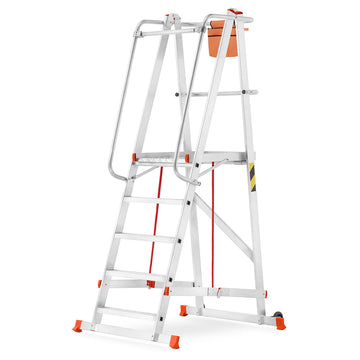 סולם תחזוקה מתקפל מאלומיניום – 4+1 שלבים, גובה משטח דריכה 1.25 מ' | כולל פלטפורמה, מעקה בטיחות וגלגלים