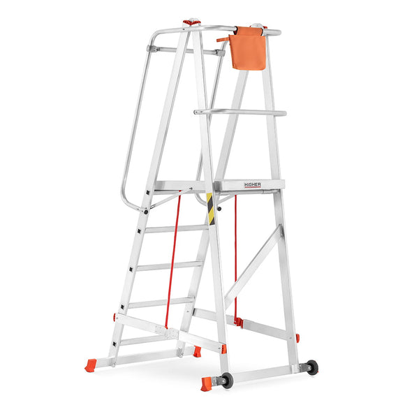 סולם תחזוקה מתקפל מאלומיניום – 4+1 שלבים, גובה משטח דריכה 1.25 מ' | כולל פלטפורמה, מעקה בטיחות וגלגלים