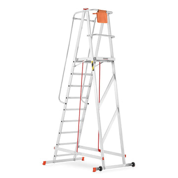 סולם תחזוקה מתקפל מאלומיניום – 8+1 שלבים, גובה משטח דריכה 2.3 מ' | כולל פלטפורמה, מעקה בטיחות וגלגלים - 0