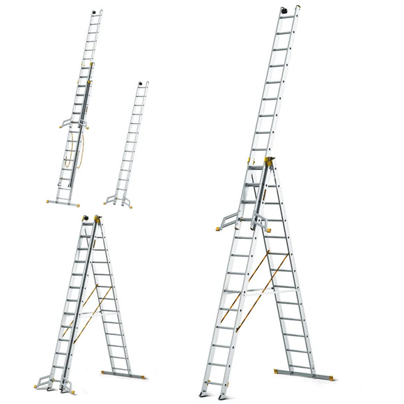 סולם אלומיניום מקצועי –3 חלקים 3x13 שלבים סדרת MAX עד 150 ק"ג