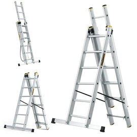 סולם אלומיניום מקצועי רב-שימושי – 3×6 שלבים DRABEST PRO | סולם ג', דו-צדדי ושחיל | תוצרת אירופה, תקן EN131