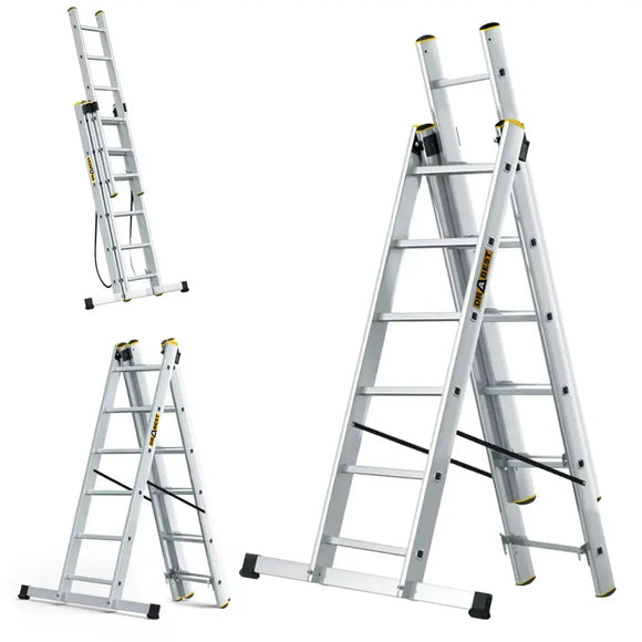 סולם אלומיניום מקצועי רב-שימושי – 3×6 שלבים DRABEST PRO | סולם ג', דו-צדדי ושחיל | תוצרת אירופה, תקן EN131