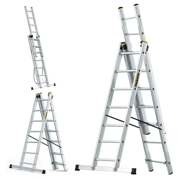 סולם אלומיניום מקצועי רב-שימושי – 3×7 שלבים DRABEST PRO | סולם ג', דו-צדדי ושחיל | תוצרת אירופה, תקן EN131