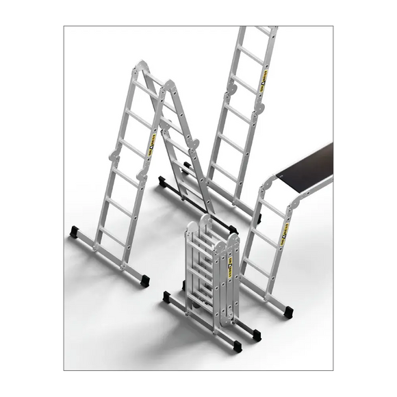 סולם אלומיניום מפרקי רב־שימושי 4×3 שלבים עם פלטפורמה – כושר נשיאה 150 ק״ג Drabest