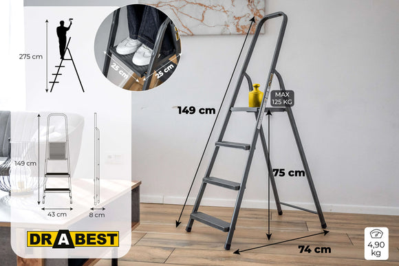 סולם מתכת ביתי 4 מדרגות 125 ק"ג Drabest