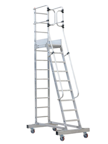 סולם אלומיניום עם פלטפורמה לסידור מדפים ומלאי במחסנים 9+1 שלבים לגובה עבודה 4.65 מ'